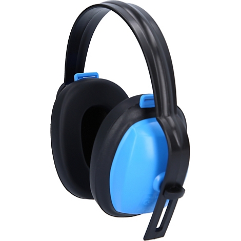 Blaue und schwarze Gehörschutzkapsel mit verstellbarem Bügel.